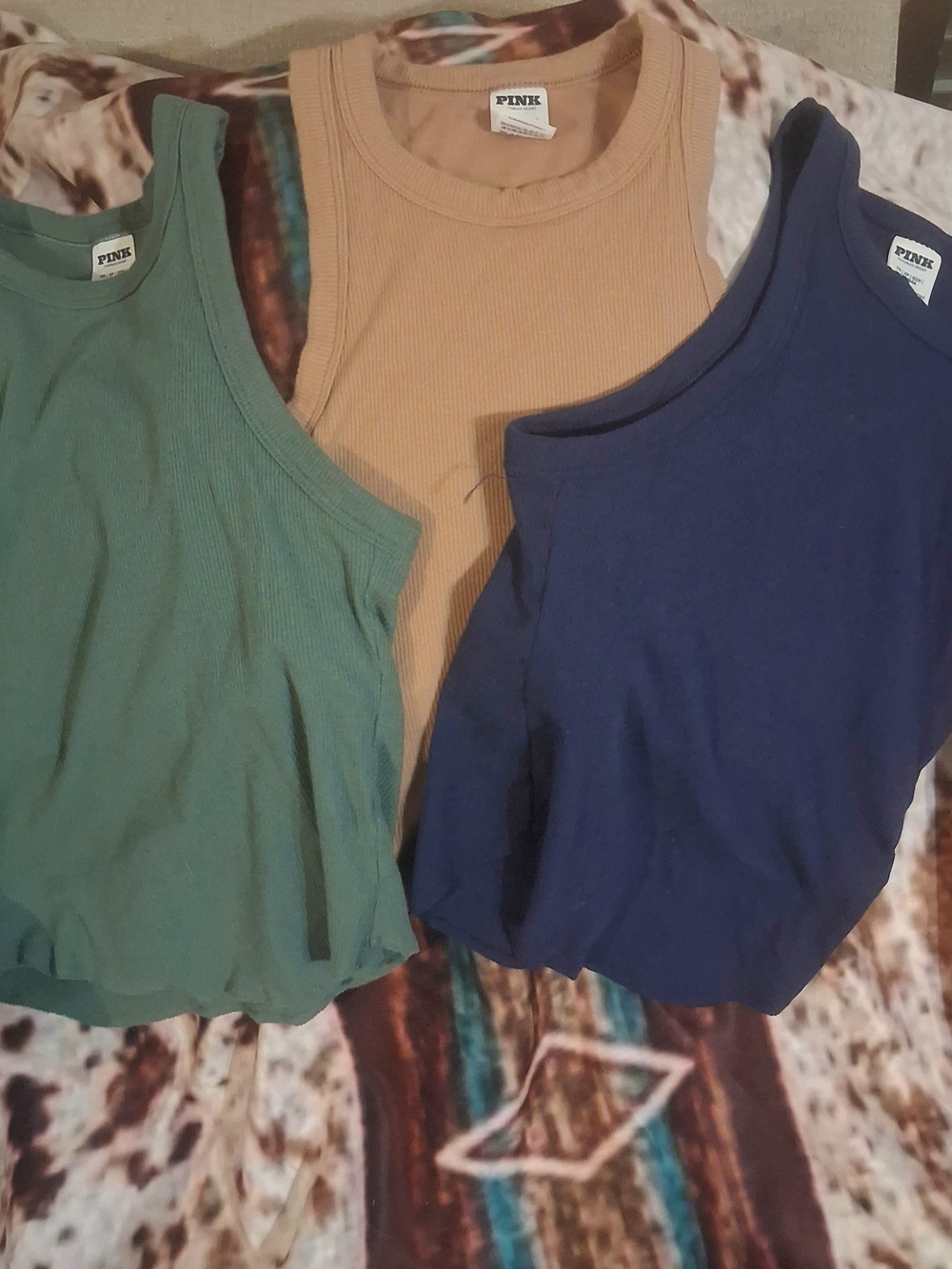 PINK Victoria's Secret Kids Ribbed Tank Tops - Green, Tan, Navy (3-Pack)